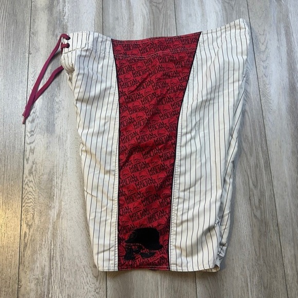 Metal Mulisha Other - Metal Mulisha Board Shorts Mens 36 White Red Skull Helmet Striped Swim Trunks